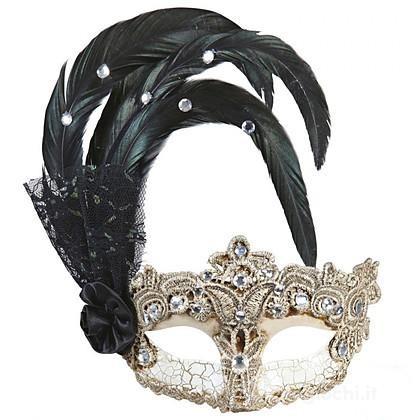 Maschera gran gala macrame' con piume e strass