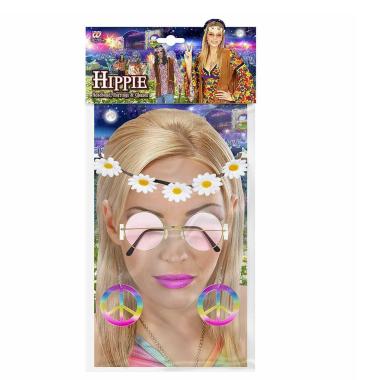 Hippie (fascia per testa con fiori, orecchini, occhiali)