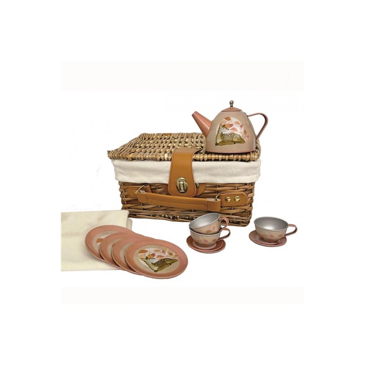 Servizio da te in latta cervo in cestino di vimini