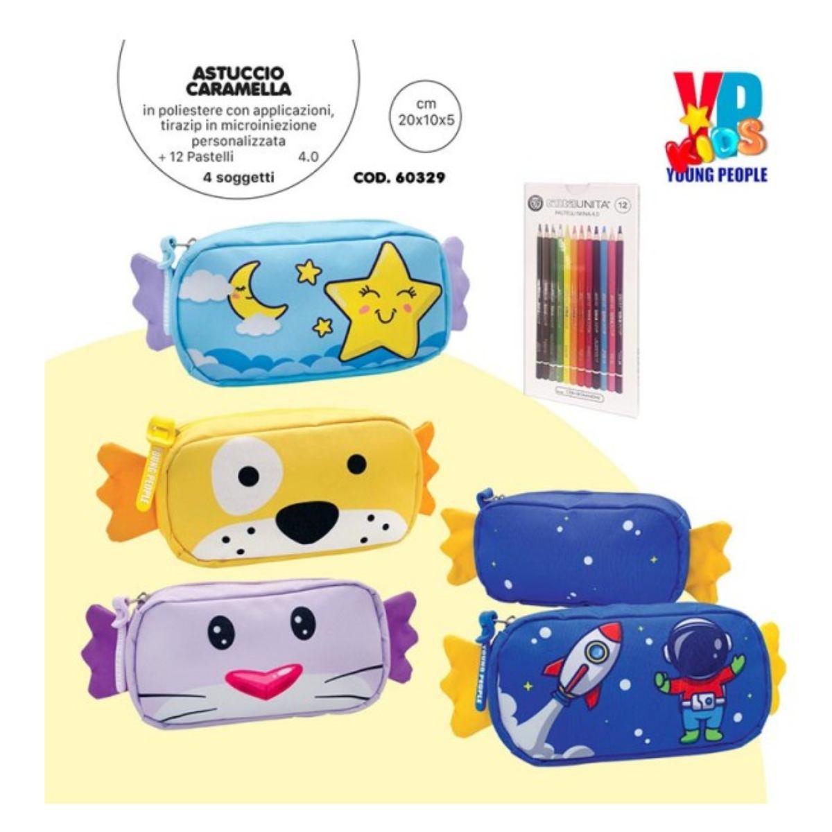 Borsellino caramella young people kids con 12 pastelli tinta unita