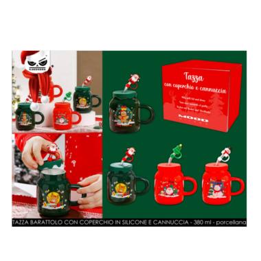 Tazza barattolo natale con cannuccia fantasia  assortita 380 ml