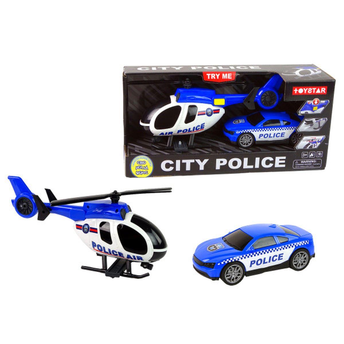 Elicottero e auto police luci e suoni