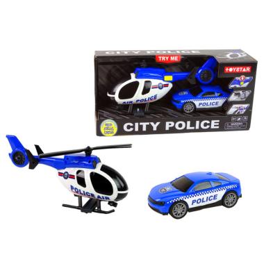 Elicottero e auto police luci e suoni