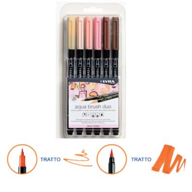 Pennarello doppia punta aqua brush duo set 6 colori skin lyra