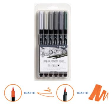 Pennarello doppia punta aqua brush duo set 6 colori grigio lyra