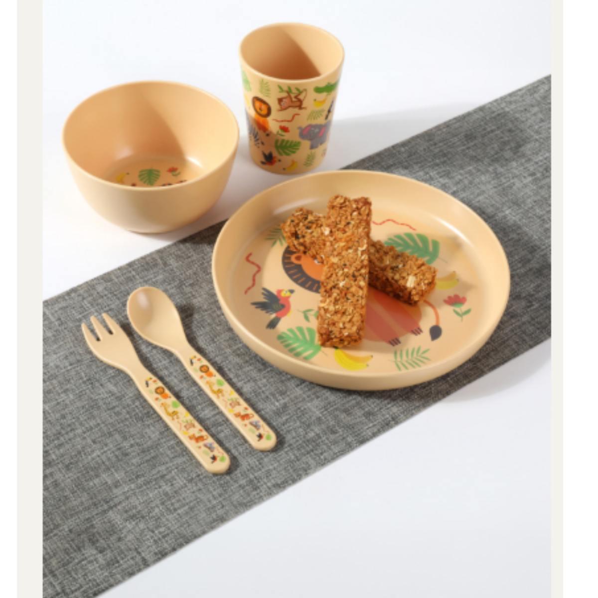 Set 5 in 1 bicchiere, piatto cucchiaio e forchetta in pet animals