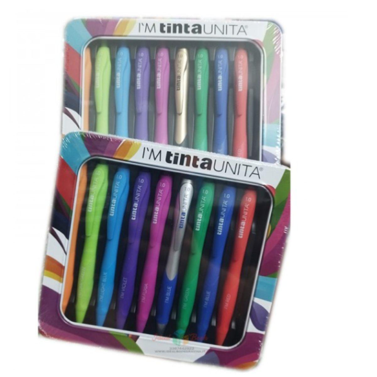 Metal box con 10 penne a scatto colorate i'm tinta unica + gold o silver