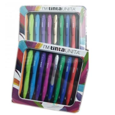 Metal box con 10 penne a scatto colorate i'm tinta unica + gold o silver