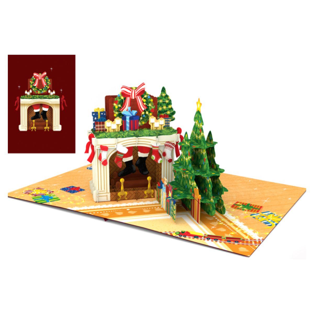 Biglietto auguri kirigami natal santa in the chimmey