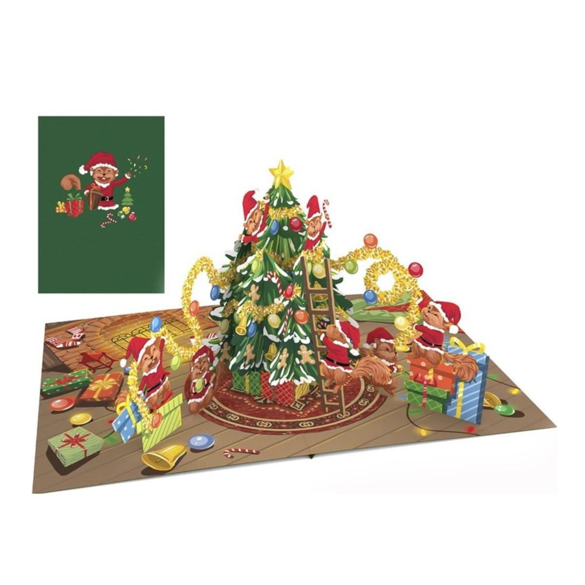 Biglietto origamo addobbo albero di natale 3d con scoiattoli babbo