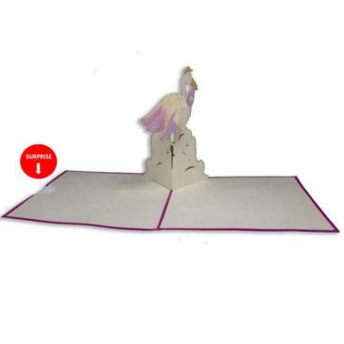 Biglietto auguri origamo cicogna rosa