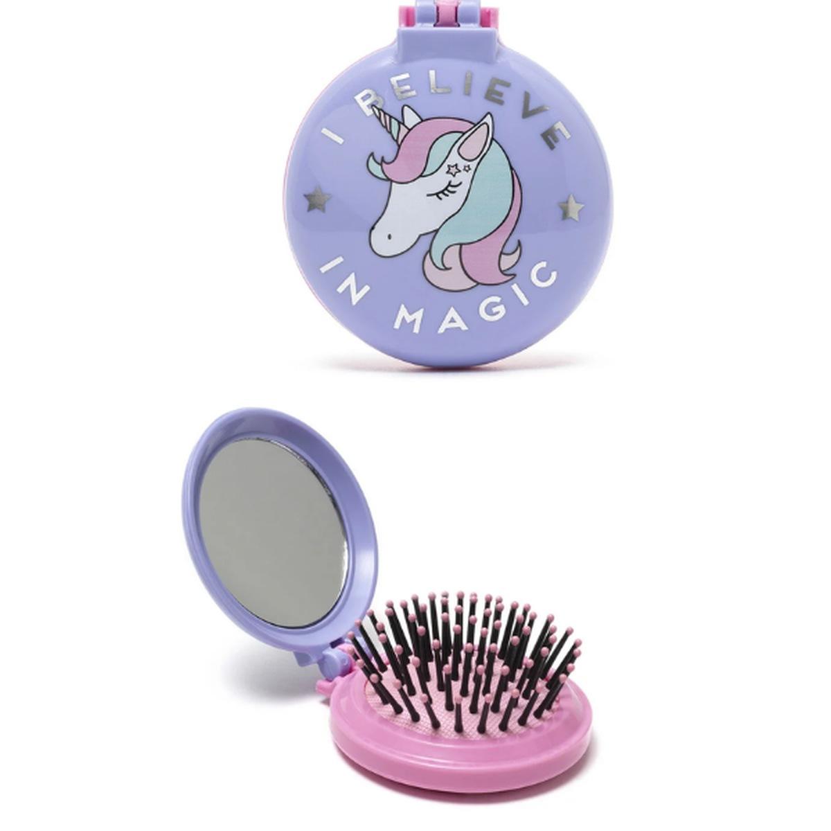 Spazzola con specchio da borsa unicorno
